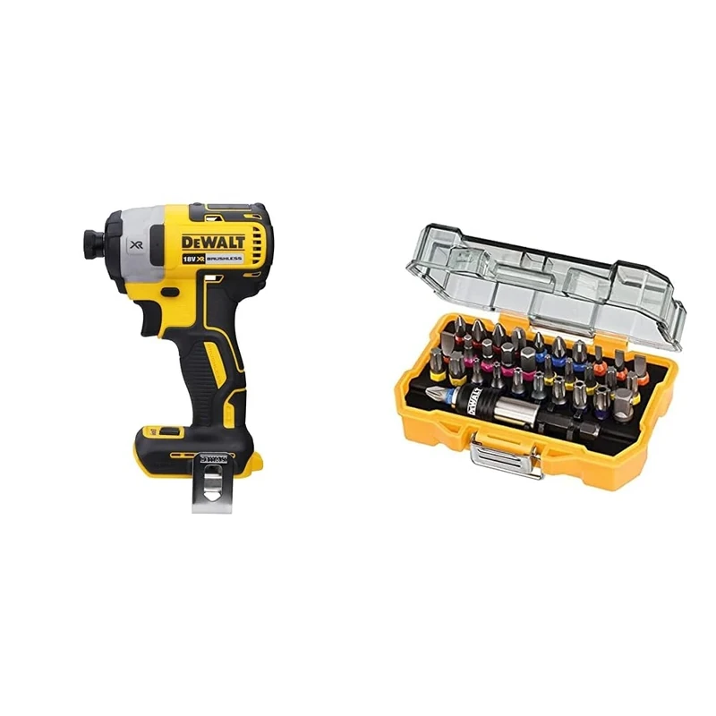 DEWALT DCF887N XR 18V 3 Speed BL Impact Driver Naked-Body ONLY, 18 W, 18 V, Multi, Bare Unit & DT7969-QZ, 32 Piece XR Professional Magnetic Screwdriver Bit Accessory Set, Yellow
