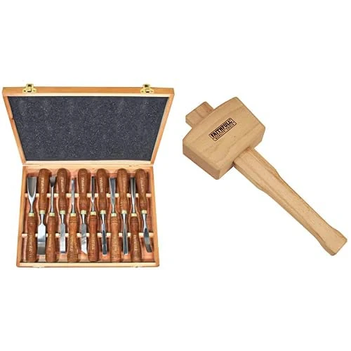 Faithfull FAIWCSET12 Wood Carving Chisels Set of 12 in Presentation Case & FAICM4 Carpenters Beech Mallet 4in
