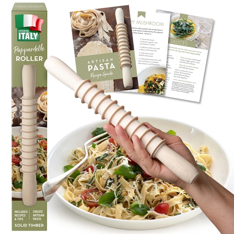 Wooden Pasta Maker with Rolling Pin - Pappardelle Pasta Recipes - Made in Italy