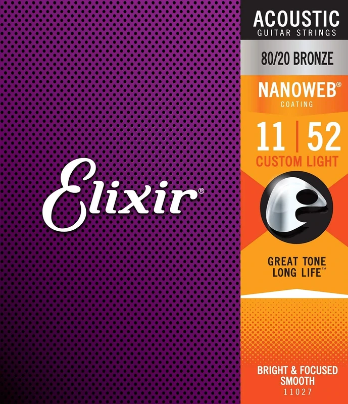 ELIXLR Elixir 11027 Strings 80/20 Bronze Acoustic Guitar Strings w NANOWEB Coating, Custom Light (.011-.052)