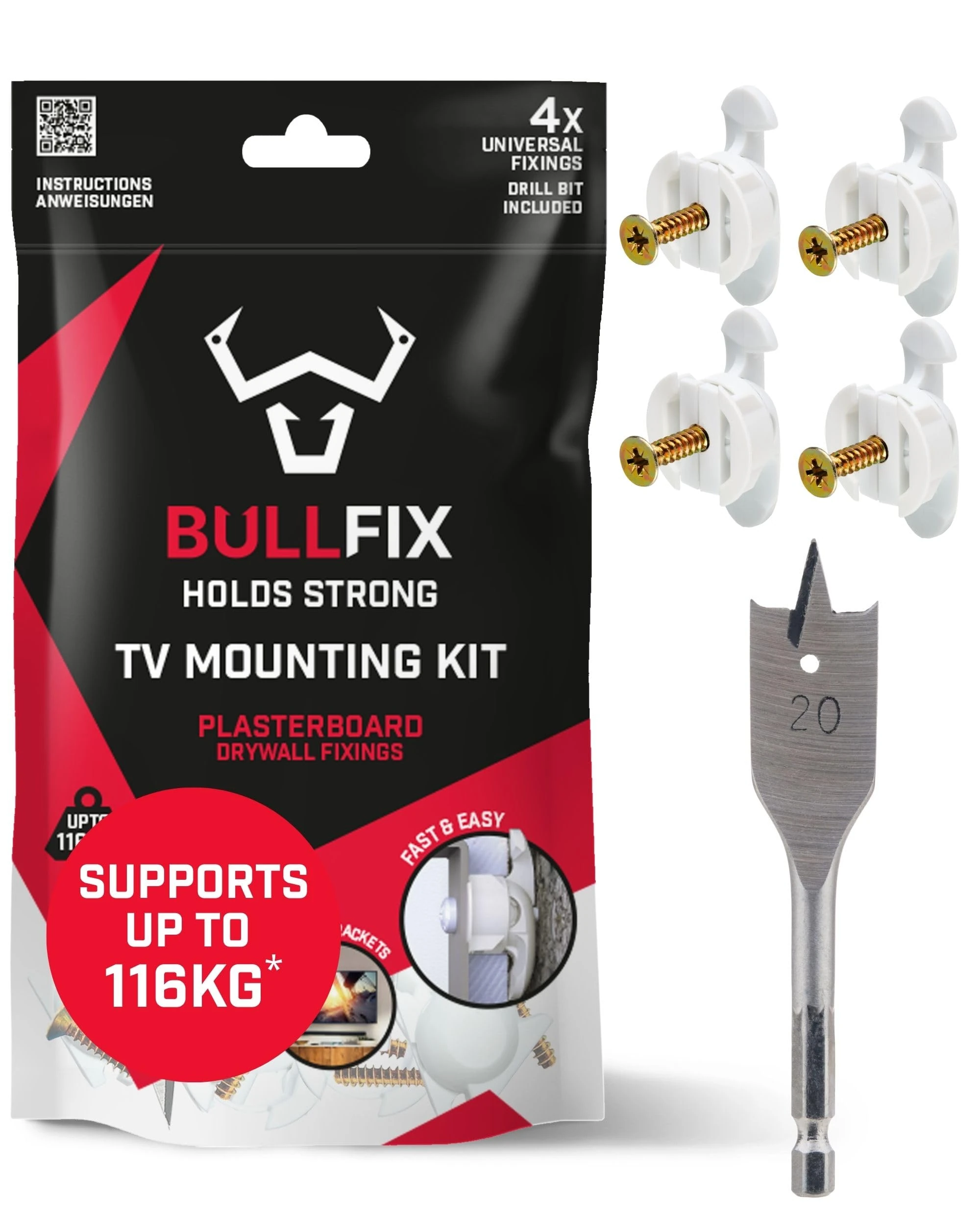 Bullfix TV Kit - Plasterboard Fixings for TV Bracket, Heavy Duty Wall Fixing for Television Bracket & Mount to Stud, Dot & Dab, Insulated Plasterboard, Hollow Cavity Wall & Drywall Mounting Anchors