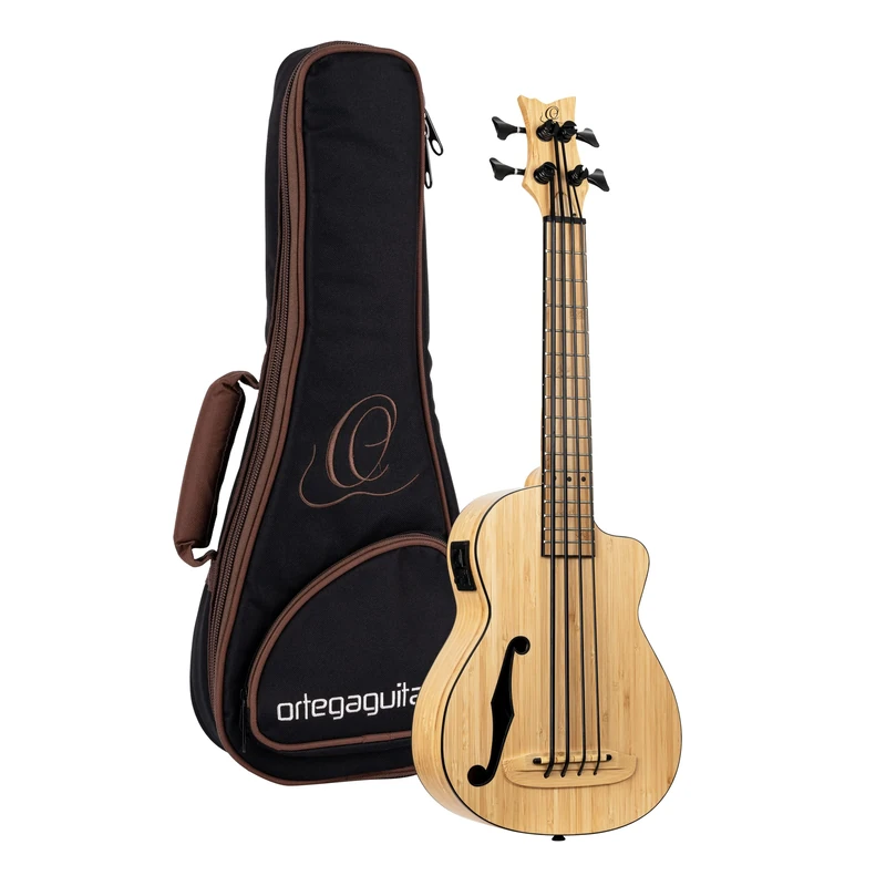Ortega Guitars Bass Ukulele Electro-Acoustic – F Soundhole – Bamboo Series – Including Gig Bag – Solid Bamboo, Natural (RUNAB-UB)