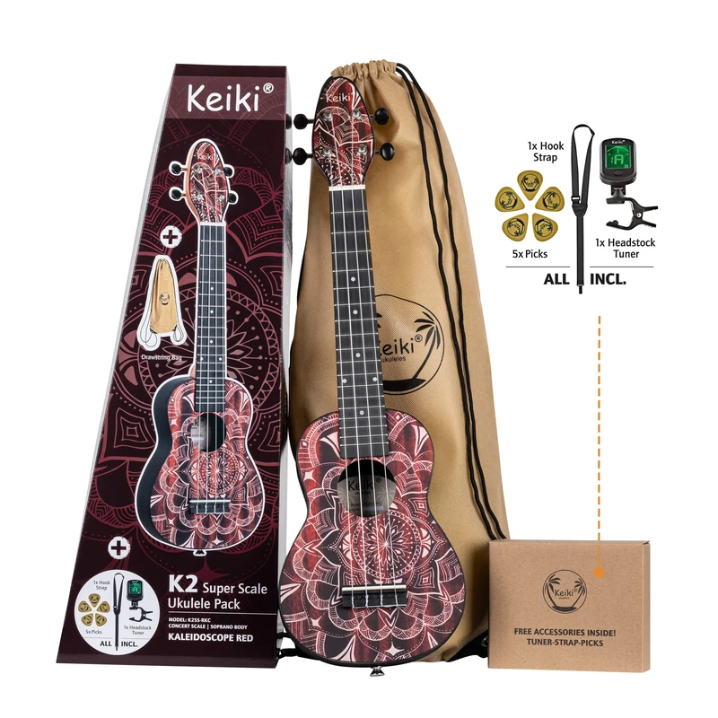 Ortega Guitars Soprano Super Scale Ukulele Acoustic – Keiki K2 Series – Including Accessories – Agathis, ABS, Red Kaleidoscope (K2SS-RKC)