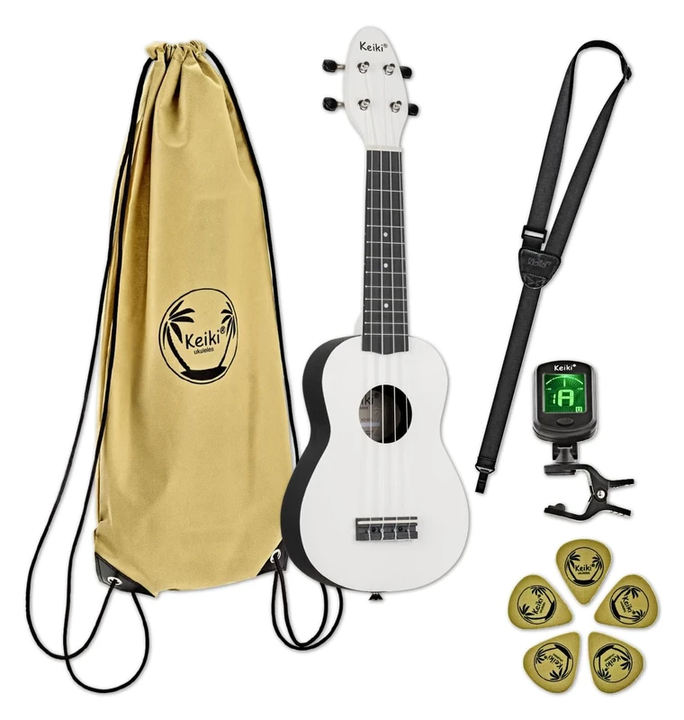 Ortega Guitars Soprano Ukulele Acoustic – Keiki K2 Series – Including Accessories – Agathis, ABS, White (K2-SCL)