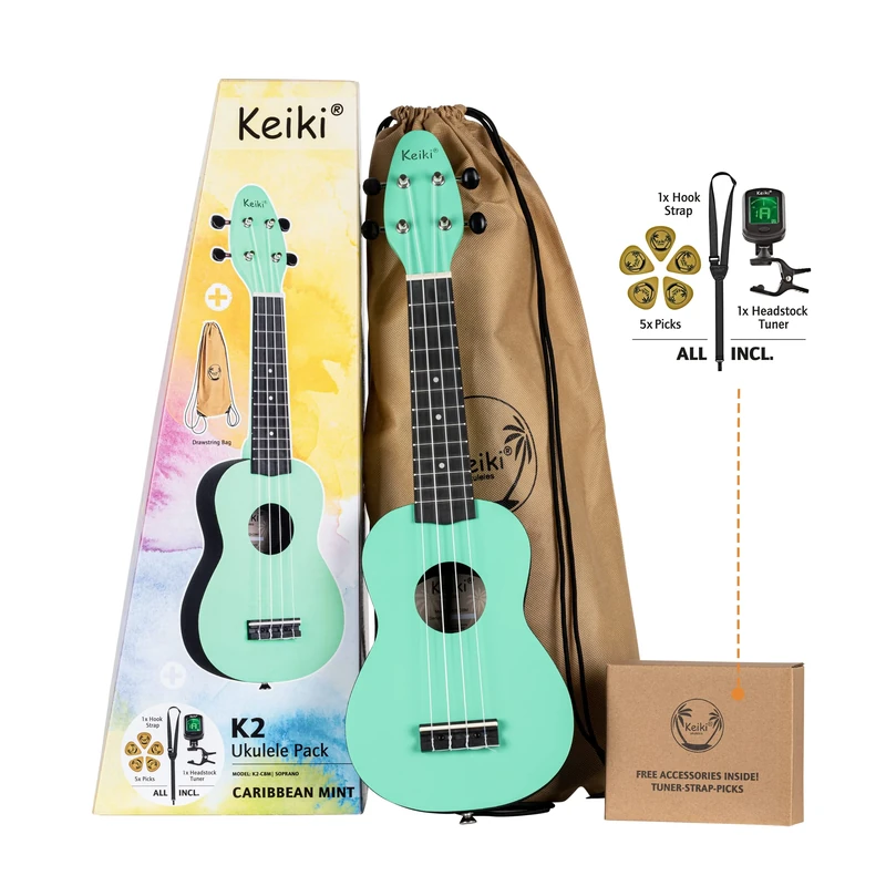Ortega Guitars Soprano Ukulele Acoustic – Keiki K2 Series – Including Accessories – Agathis, ABS, Light Green (K2-CBM)