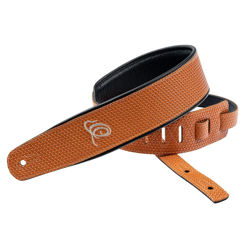 Ortega Guitars Adjustable Guitar Strap – Acoustic Guitar / Bass, Electric Guitar / Bass – Custom Series – Genuine Leather, Orange Braid (OSCU-6)