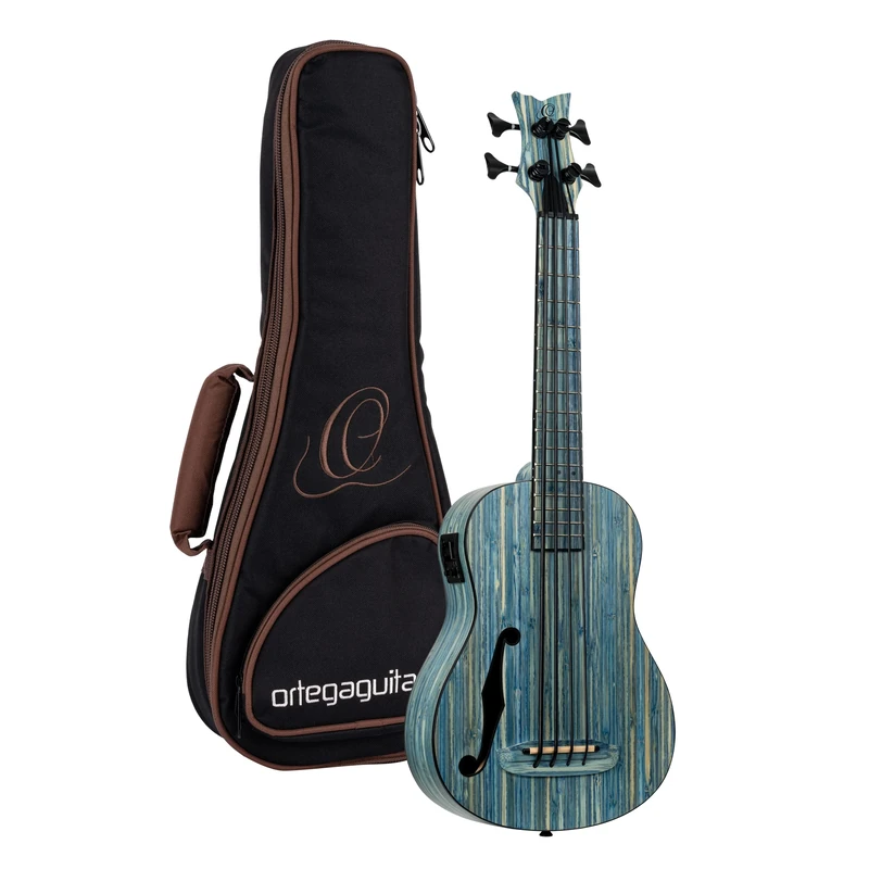 Ortega Guitars Bass Ukulele Electro-Acoustic – F Soundhole – Bamboo Series – Including Gig Bag – Solid Bamboo, Blue (RUSWB-UB)
