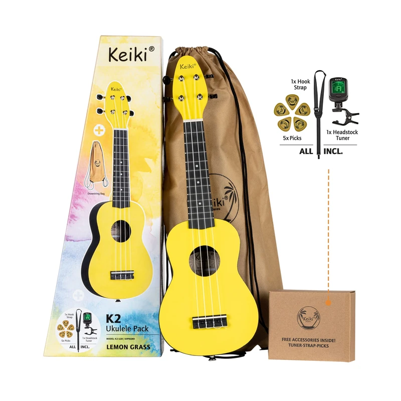 Ortega Guitars Soprano Ukulele Acoustic – Keiki K2 Series – Including Accessories – Agathis, ABS, Yellow (K2-LGR)