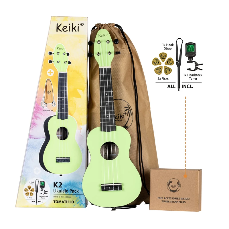 Ortega Guitars Soprano Ukulele Acoustic – Keiki K2 Series – Including Accessories – Agathis, ABS, Light Green (K2-TMO)