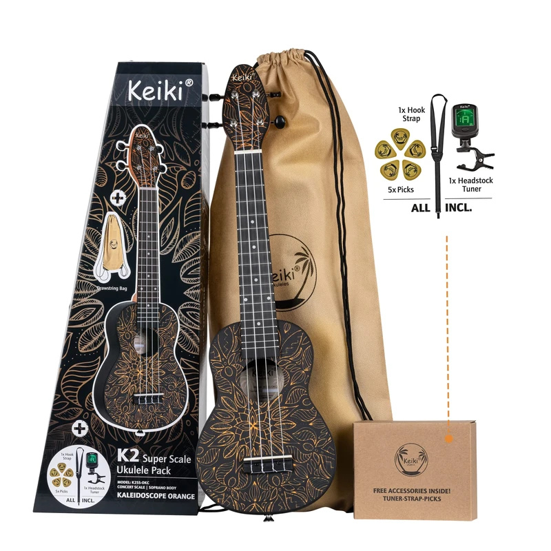 Ortega Guitars Soprano Super Scale Ukulele Acoustic – Keiki K2 Series – Including Accessories – Agathis, ABS, Orange Kaleidoscope (K2SS-OKC)