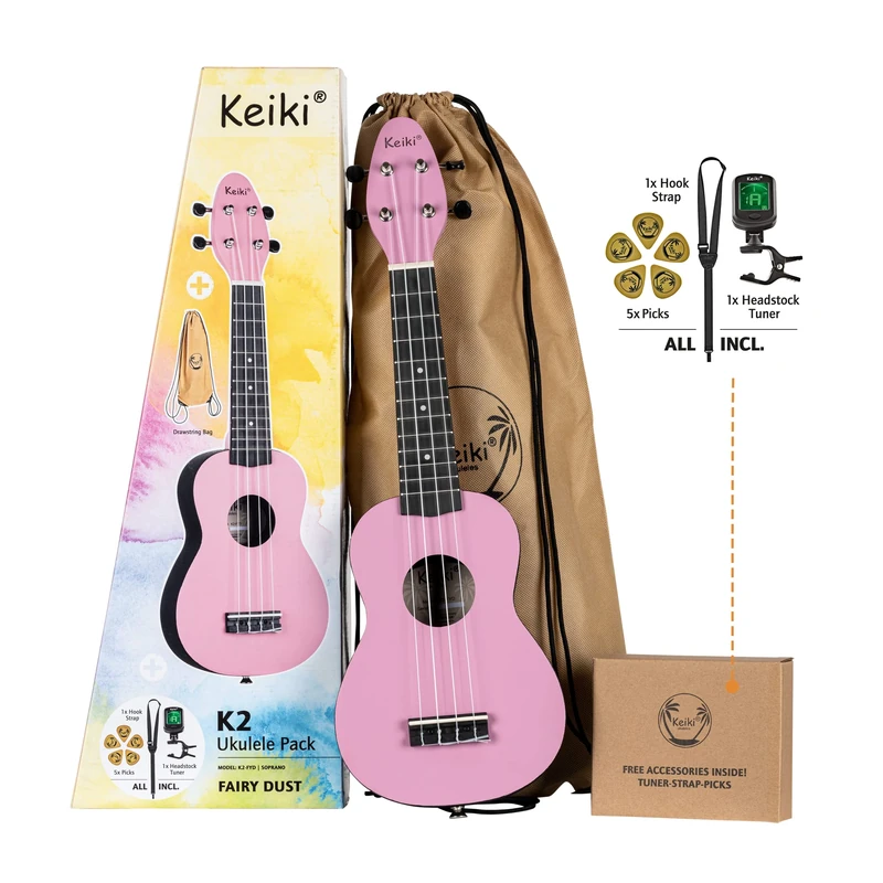 Ortega Guitars Soprano Ukulele Acoustic – Keiki K2 Series – Including Accessories – Agathis, ABS, Pink (K2-FYD)