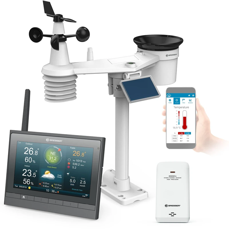 Bresser MeteoChamp HD Wireless Weather Station with Outdoor Sensor, Solar Powered and Thermo-Hygro Wireless Sensor, 7-in-1 with Wind Gauge and Rain Gauge, Grey