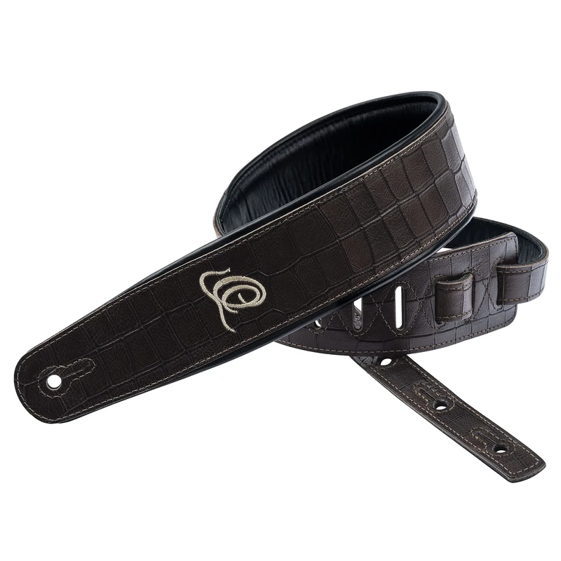 Ortega Guitars Adjustable Guitar Strap – Acoustic Guitar / Bass, Electric Guitar / Bass – Custom Series – Genuine Leather, Dark Brown Croco (OSCU-1)