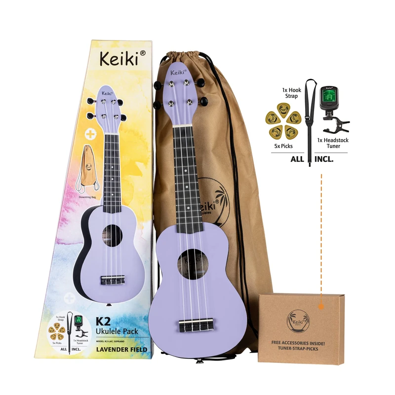Ortega Guitars Soprano Ukulele Acoustic – Keiki K2 Series – Including Accessories – Agathis, ABS, Purple (K2-LAF)
