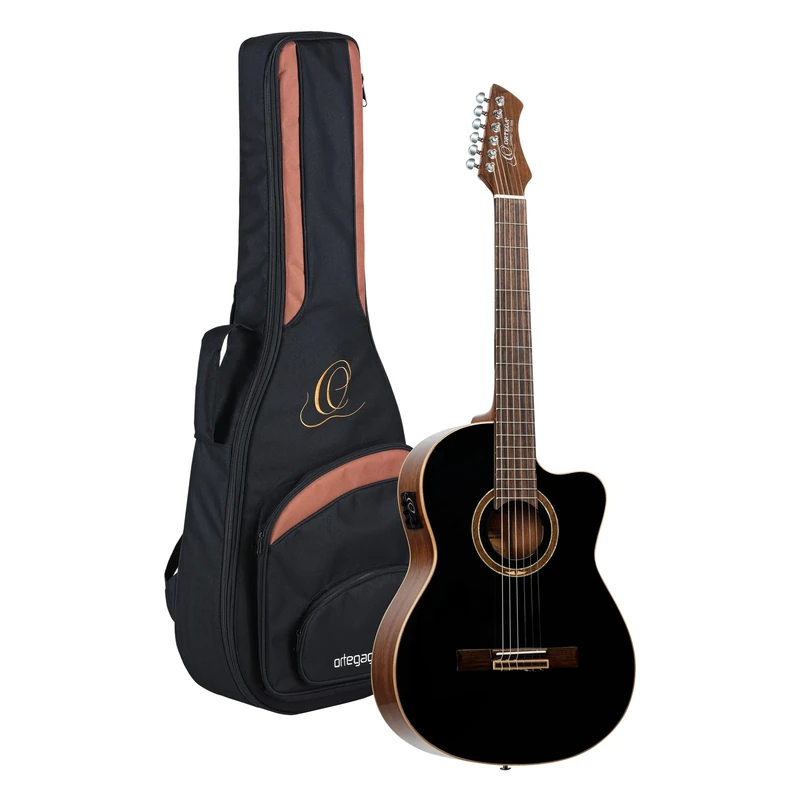 Ortega Guitars Classical Guitar Electro-Acoustic – 4/4, Slim Neck – Performer Series – Including Gig Bag – Solid Sitka Spruce / Mahogany, Gloss Black (RCE238SN-BKT)