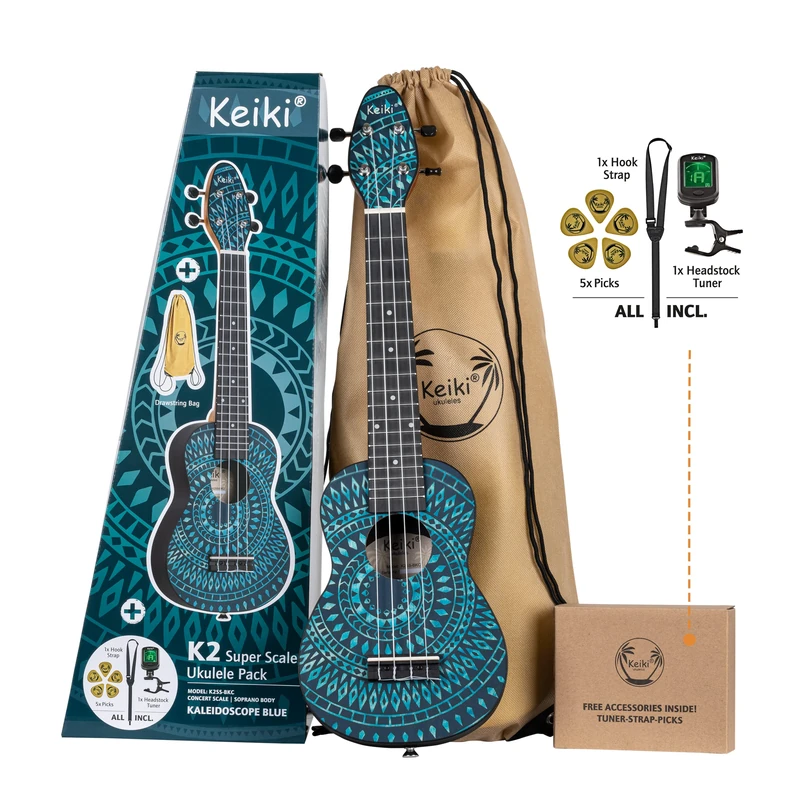 Ortega Guitars Soprano Super Scale Ukulele Acoustic – Keiki K2 Series – Including Accessories – Agathis, ABS, Blue Kaleidoscope (K2SS-BKC)