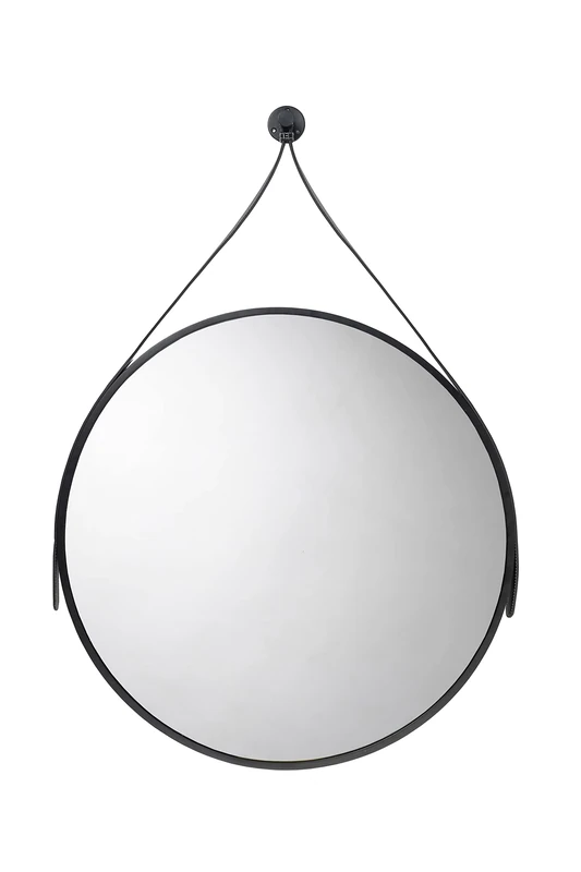 Croydex Round black leather look strap hung mirror - black - with Hang n Lock