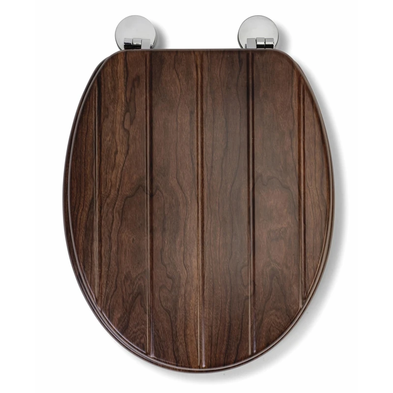 Croydex Molvena Wooden Toilet Seat - Adjustable Hinges with Top and Bottom Fixings Included and Rust Free Chrome Plated Hinge Covers, Antibacterial Treated Surface (Walnut Effect)