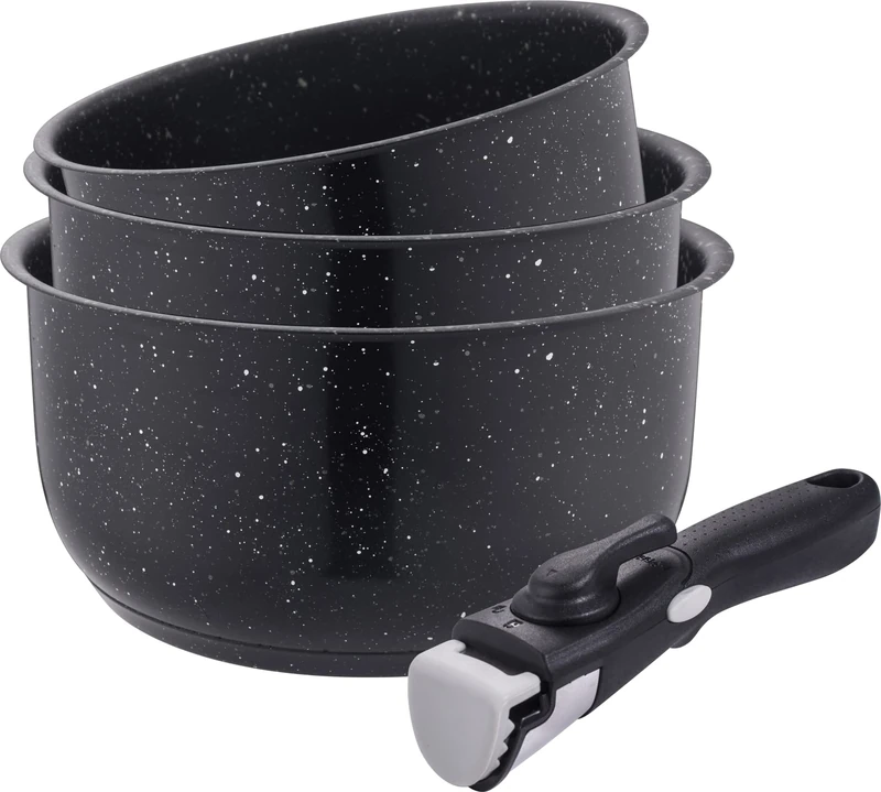 Kamberg - 0008134-3 saucepans - 16/18/20 cm Stainless Steel - Stone Coating - Removable Handle - All Heat Sources Including Induction - PFOA Free - 0008134
