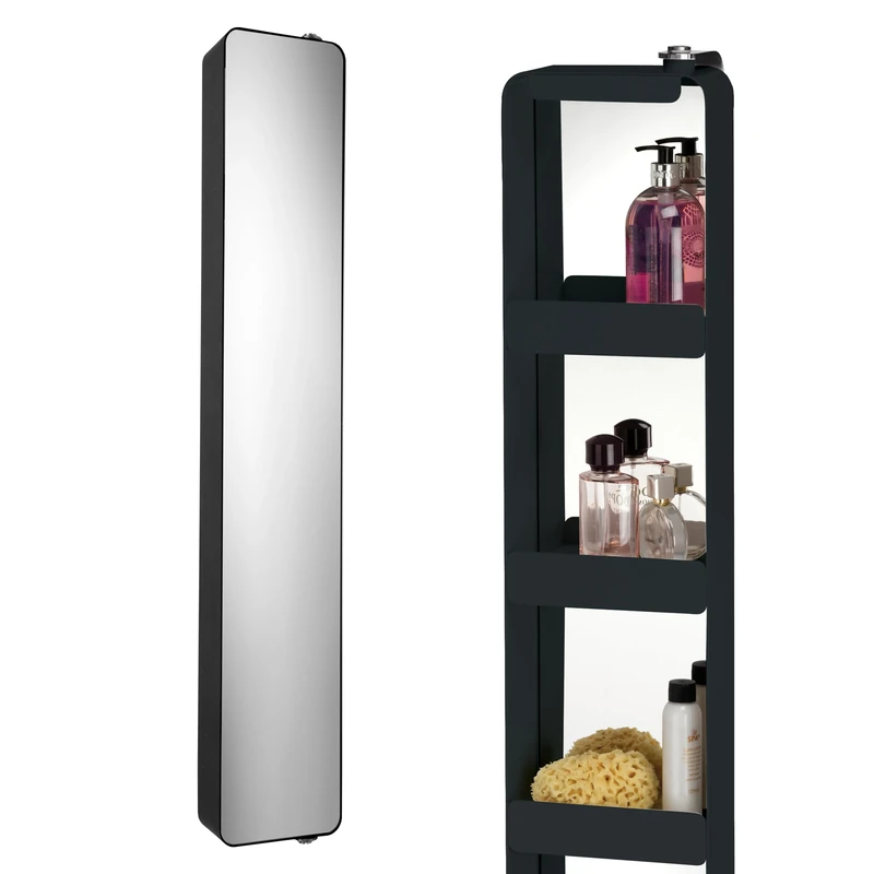 Croydex Arun Pivoting Tall Bathroom Cabinet - Matt Black Finish Bathroom Wall Cabinet with 4 Fixed Shelves and Comes Fully Assembled (123x20cm)