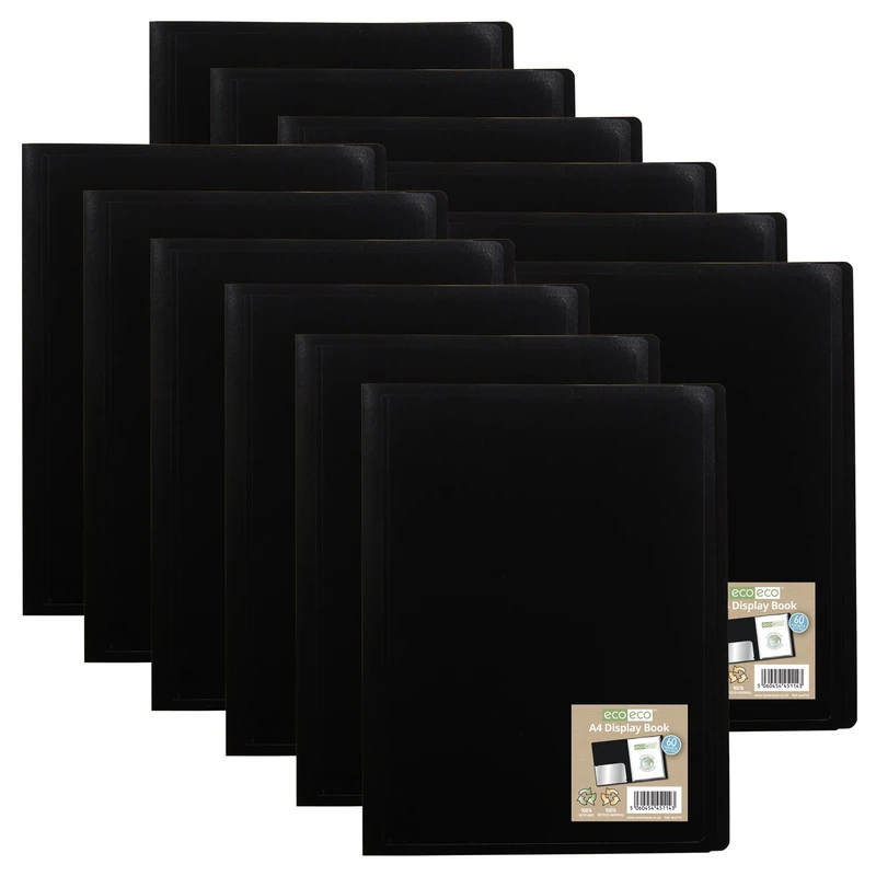 eco-eco A4 100% Recycled 60 Pocket Black Flexible Cover Portfolio Book Folder Display Book, Pack of 12, eco114x12