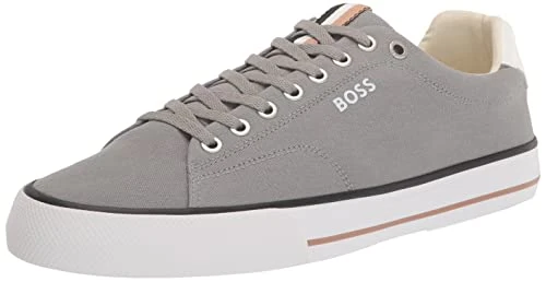 BOSS Men's Canvas Mini Logo Lace Up Sneaker, Fog Grey, 11 UK