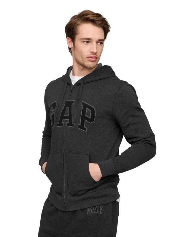 GAP Men's Logo Heritage Hoodie Hooded Full Zip Sweatshirt, New Charcoal Grey, XXL