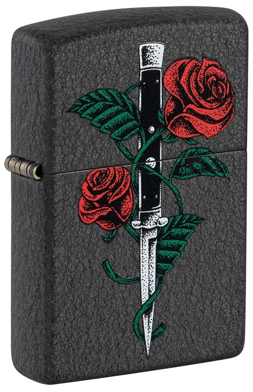 Zippo Windproof Lighter - Model Rose Dagger - Black Crackle Finish, Colour Image - Refillable - Reusable - Windproof Design - Gift Box - Made in USA - Image 1