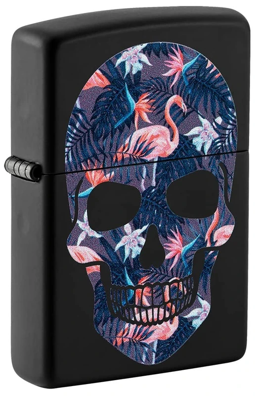 Zippo Lighter, Black Matte Flamingo Skull, One Box