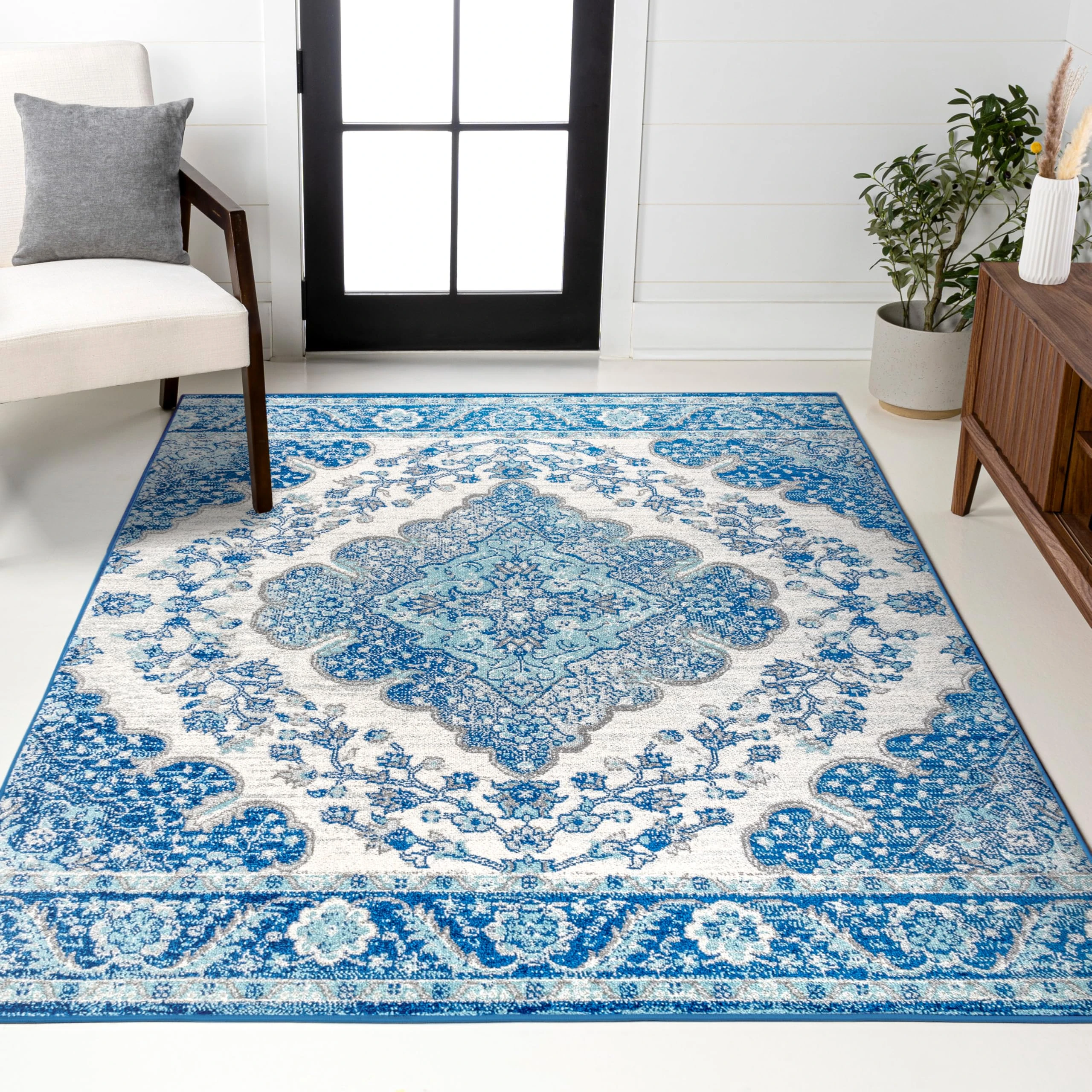 JONATHAN Y Boho Vintage Cream/Blue Indoor Area Rug, 9x12, Bohemian Flair Medallion, Floral Easy-Cleaning High Traffic for Living Room, Bedroom, Kitchen, Pet-Friendly, Non-Shedding (BMF106B-9)