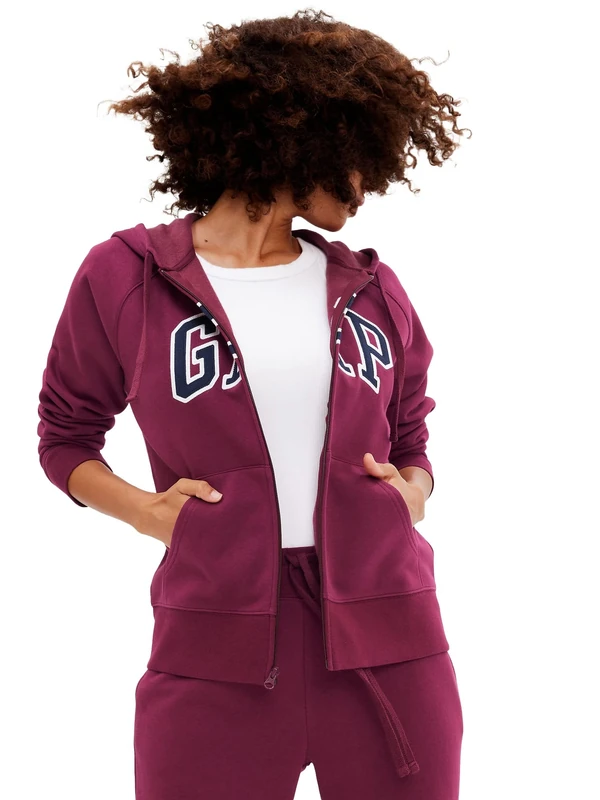 GAP Women's Logo Hoodie Hooded Full Zip Sweatshirt, Ruby Wine, XXS
