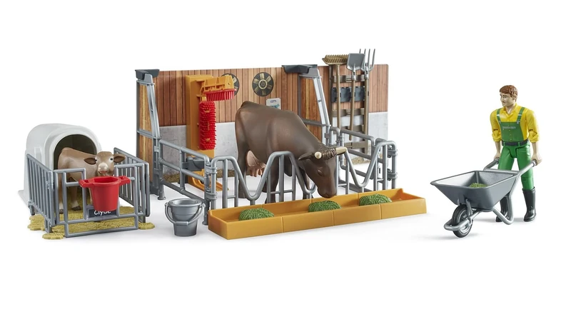 Bruder 62611 Bworld Cow and Calf Hutch with Farmers and Accessories 1:16 Farm Agriculture Farmers Stable Taurus Animals Toy