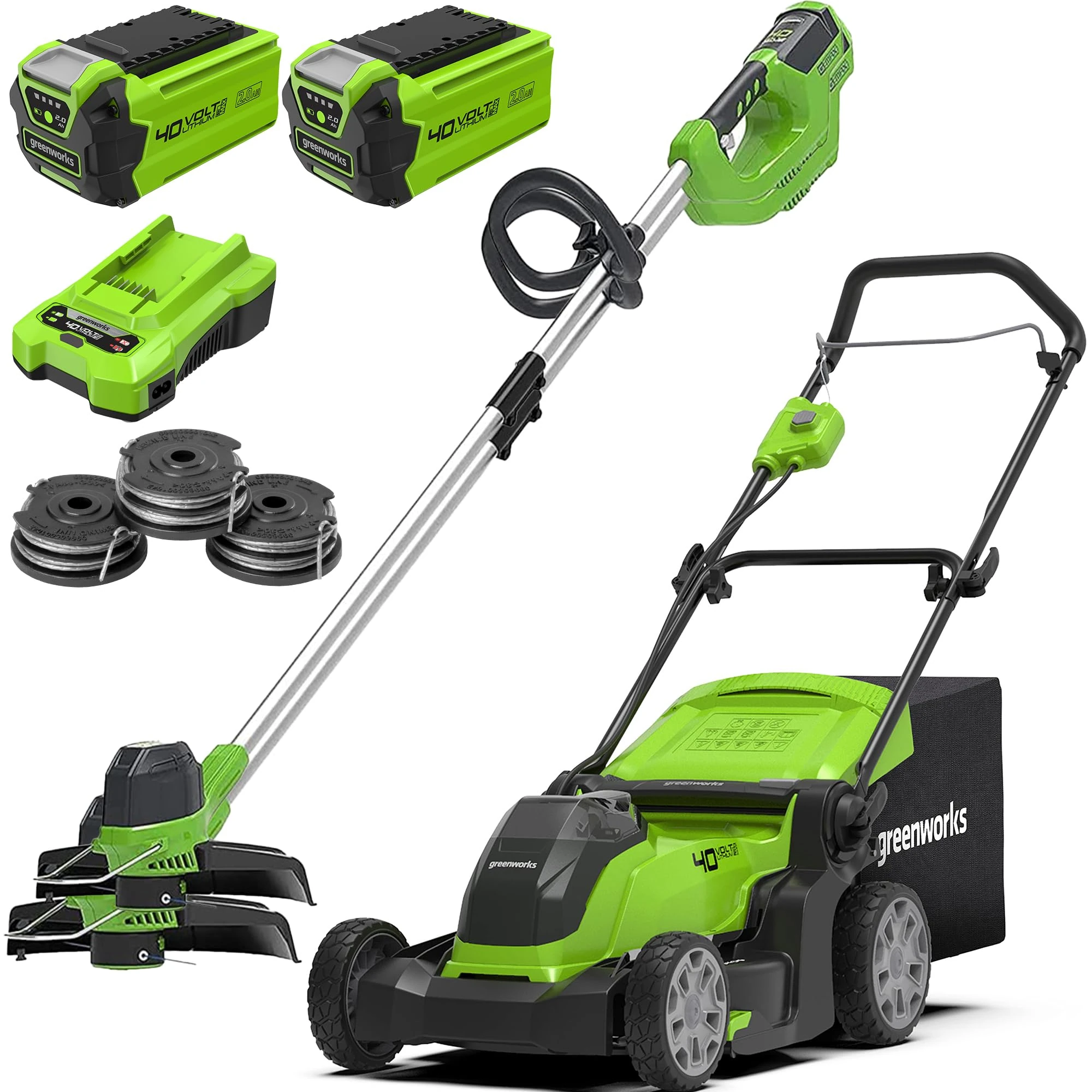 Greenworks 40V 41cm mower, trimmer, spool with 2x2Ah Battery/charger