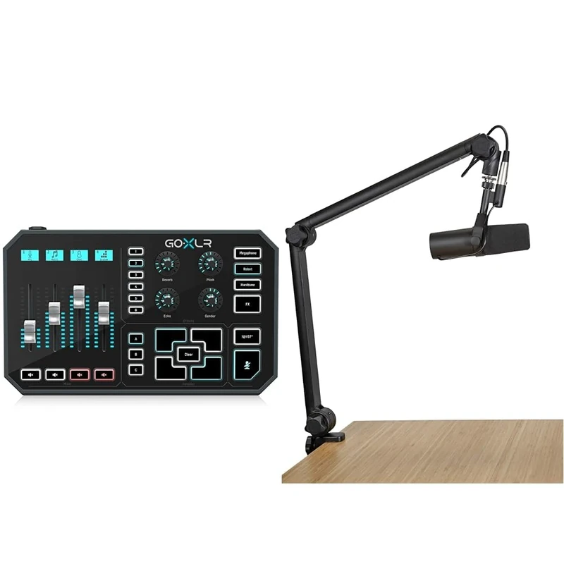 TC Helicon GoXLR 5-Channel USB/XLR Mixer with Motorized Faders, Studio Quality MIDAS Preamp, Sampler, Voice FX, and Gator Frameworks Deluxe Desk-Mounted Broadcast Microphone Boom Stand