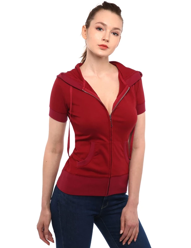 AmélieBoutik Women Cotton Blend Hoodie Zip Up Kangaroo Pocket Short Sleeve Jacket, Crimson Red, S - Image 1