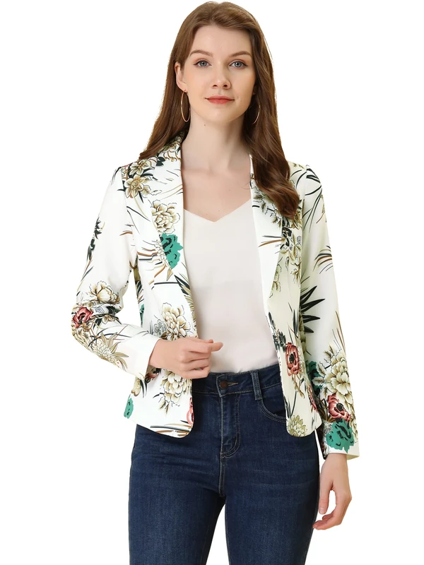 Allegra K Women's Open Front Notch Lapel Printed Business Casual Suit Blazer Jacket, White-Flower, M