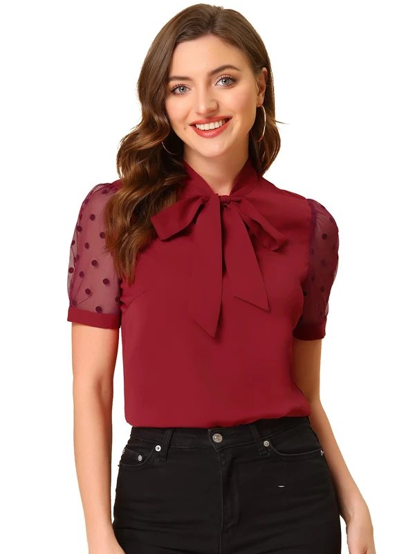Allegra K Women's Bow Tie Neck V Neck Stand Collar Short Mesh Sleeve Blouse, Burgundy, M