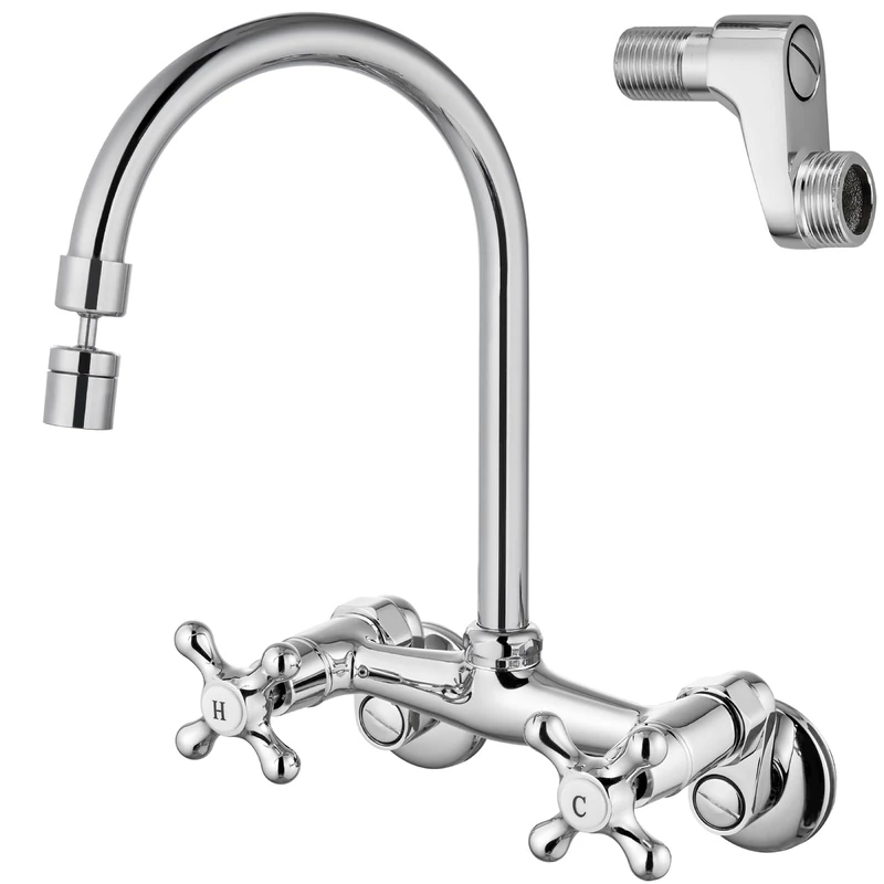 Airuida Wall Mounted Kitchen Faucet with Sprayer, Wall Mounted Kitchen Faucet, Double Cross Handles 360 Degree Swivel Spout, Restaurant Mixer Tap, Commercial, 15 cm Center, Matt Zwat