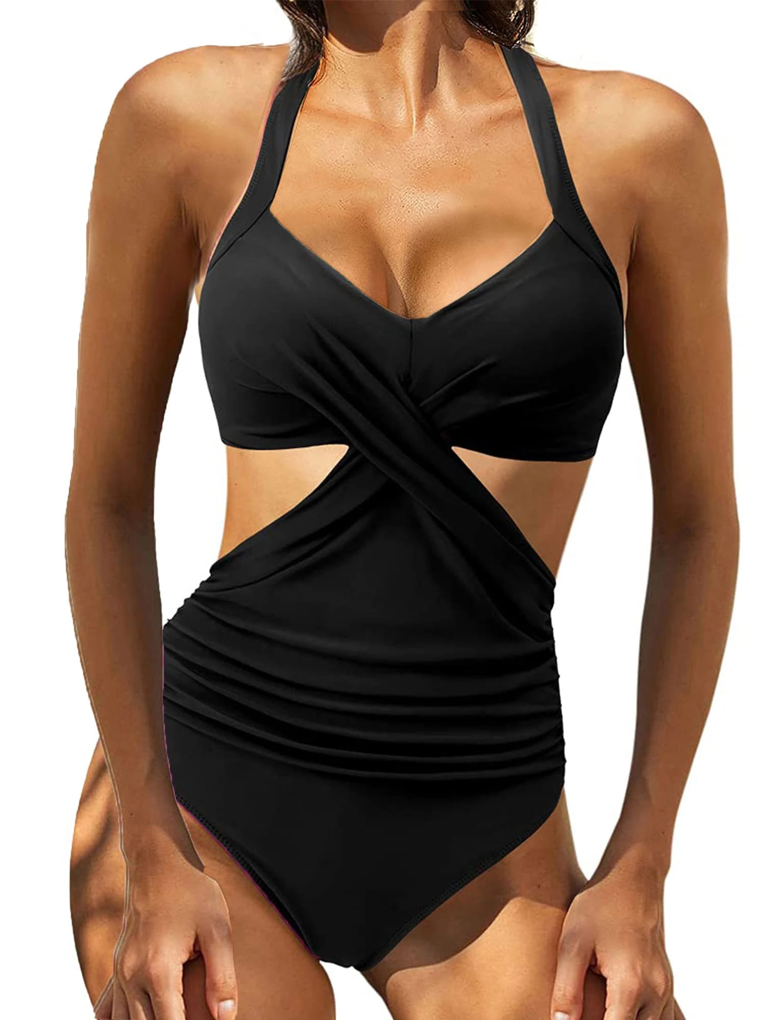 YILEEGOO Women Wrap One Piece Push Up High Waisted Swimsuits Cutout Monokini Swimwear (Black #2, Medium)