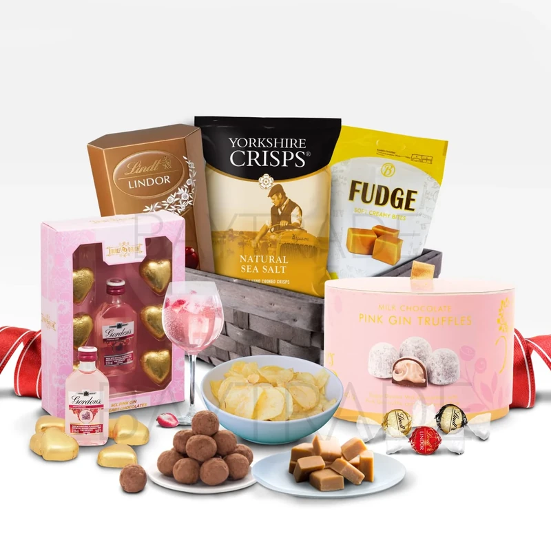 Valentines Day Hamper - Pink Gin Gift Set - Love Heart Chocolates - Truffles - Fudge Gift Set - Birthday Hampers - Valentines Day Gifts for Her Women - Heart Shaped Chocolates - Mothers Day (Pink Gin)