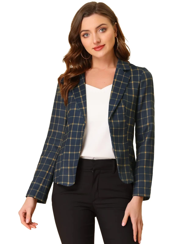 Allegra K Women's Work Casual Fitted Blazer Notch Lapel Printed Open Front Suit Jacket, Dark Blue-Grid, S
