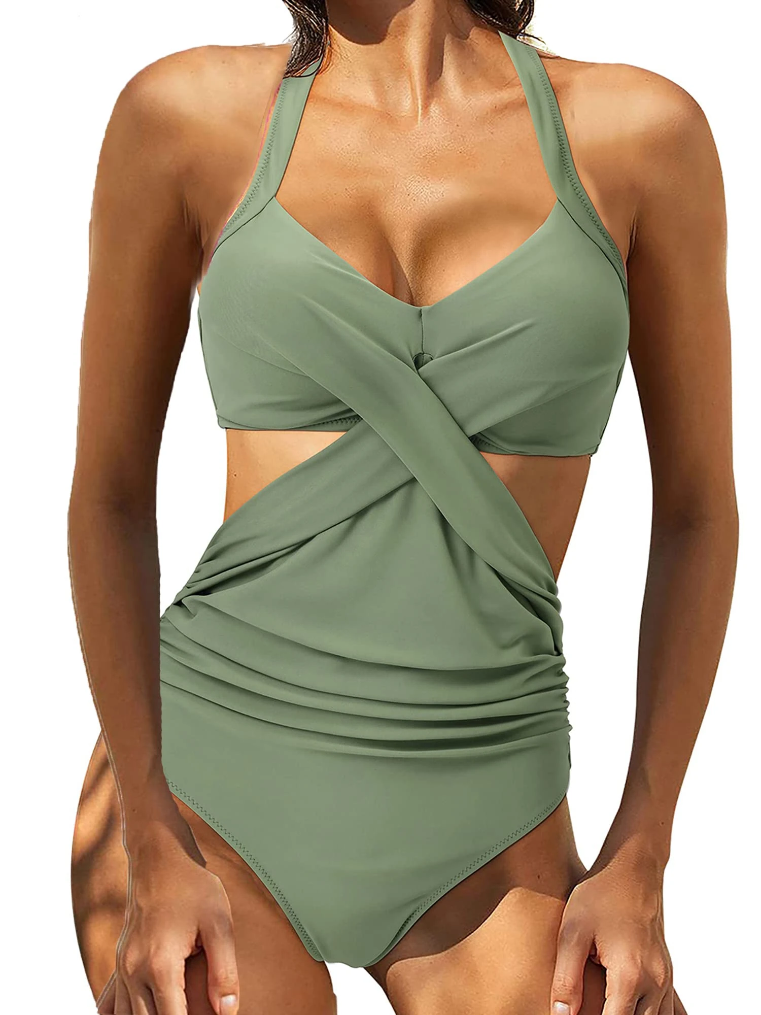YILEEGOO Women Wrap One Piece Push Up High Waisted Swimsuits Cutout Monokini Swimwear (Green, Medium)