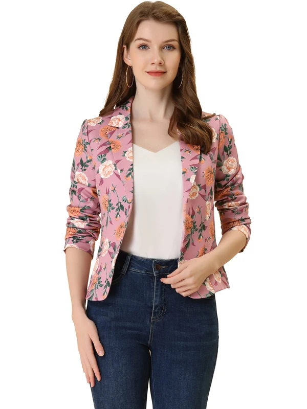 Allegra K Women's Open Front Notch Lapel Printed Business Casual Suit Blazer Jacket, Rose-Floral, L