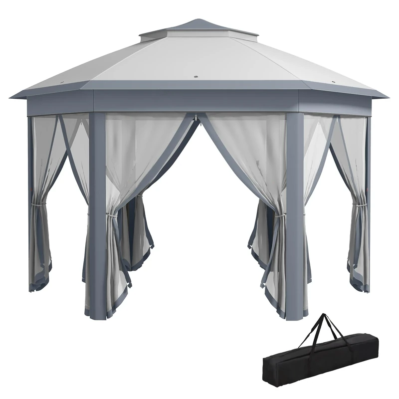 Outsunny 3 x 4m Garden Gazebo Hexagon Pop Up Gazebo Party Tent Canopy Double Roof Instant Shelter with Netting and Carry Bag for Outdoor Patio, Grey