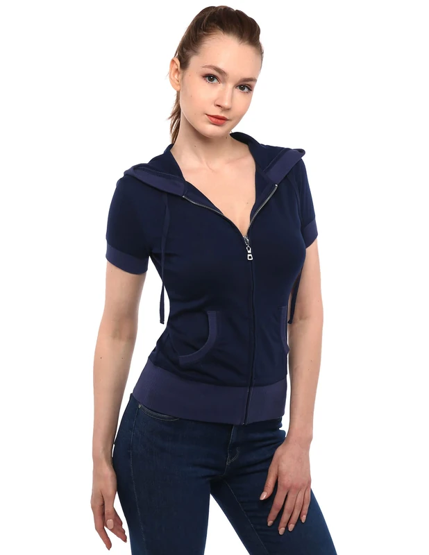 AmélieBoutik Women Cotton Blend Hoodie Zip Up Kangaroo Pocket Short Sleeve Jacket, Navy Blue, XS