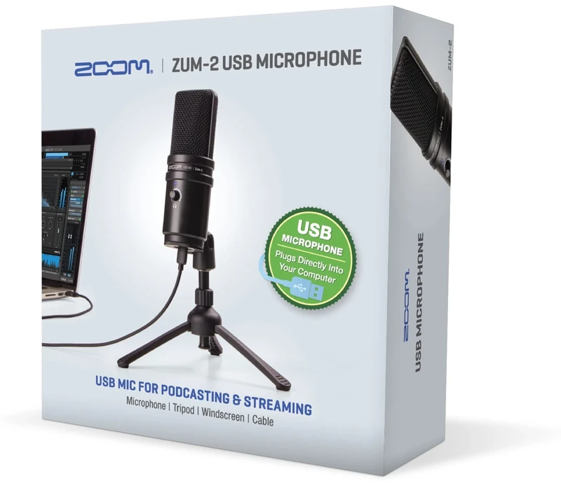 Zoom ZUM-2 USB microphone for podcasting, live streaming, music, and voiceover recordings, condenser microphone with headphone output, plug-and-play with professional sound