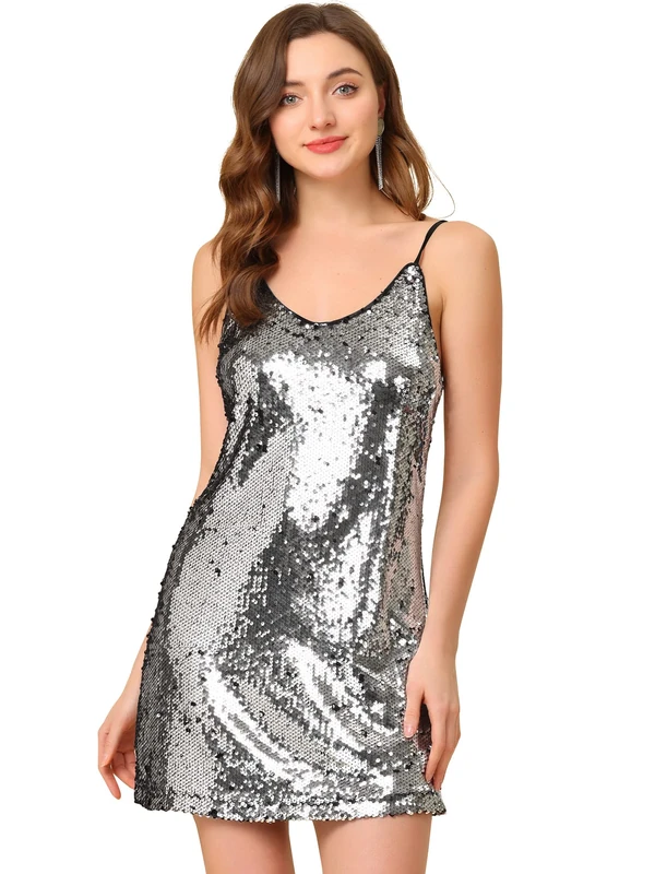 Allegra K Women's Halloween Glitter Sequin V Neck Spaghetti Strap Mini Party Dress Clubwear, Silver (with Blacks), X-Large