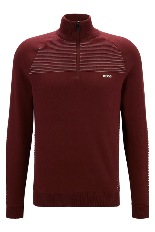 BOSS Mens Zandi Organic-Cotton Zip-Neck Sweater with Two-Tone Stripes Pink