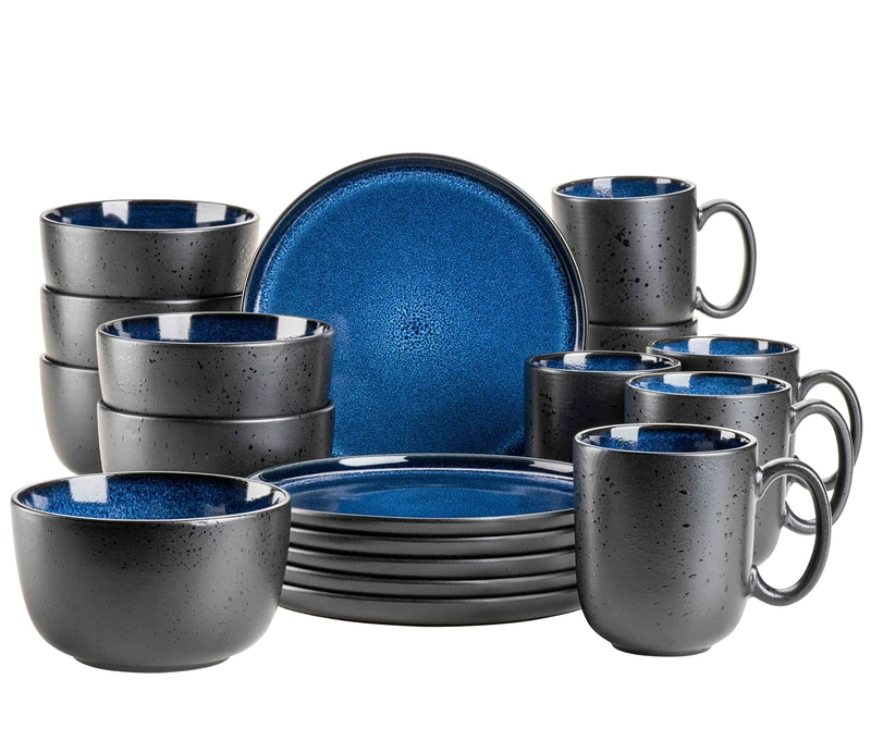 MÄSER 931971 Niara Series, Modern Crockery Set for 6 People in Exciting Vintage Look, 18-Piece Ceramic Breakfast Tableware Set in Blue and Black, Stoneware