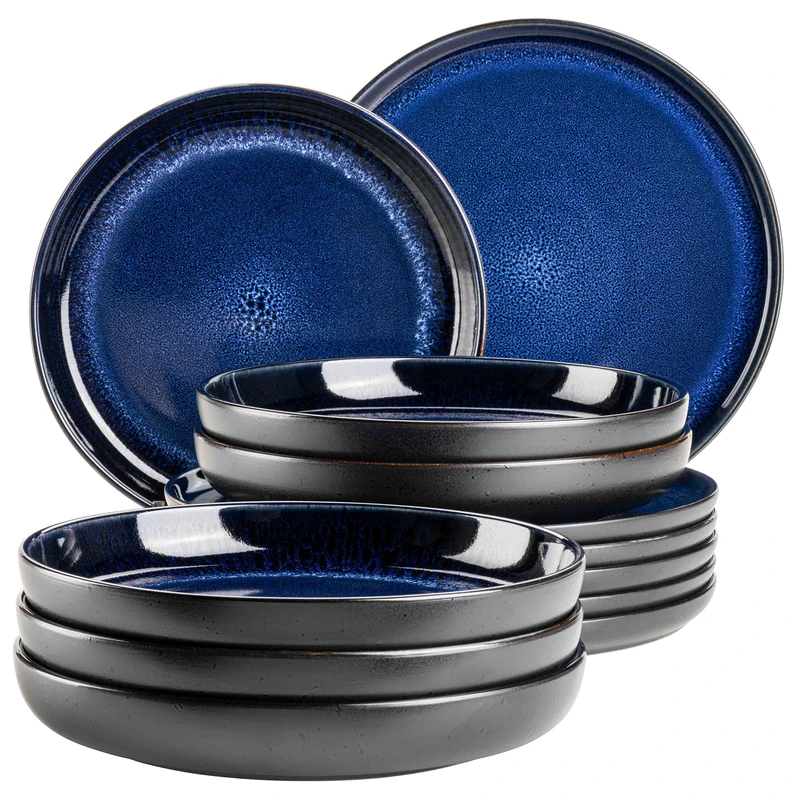 MÄSER Niara 931972, Modern Plate Set for 6 People in Exciting Vintage Look, 12-Piece Ceramic Dinner Service in Blue and Black, Stoneware